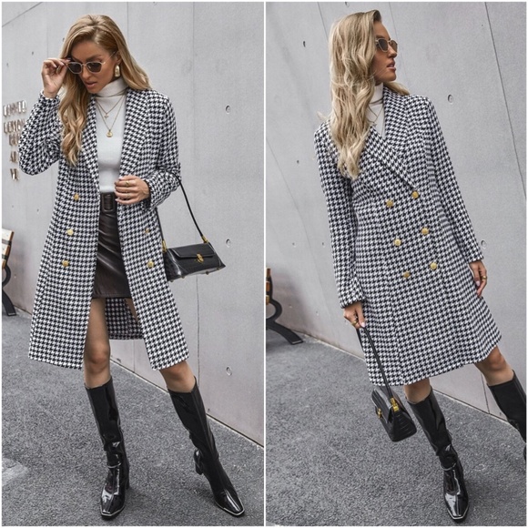 houndstooth button double breasted jacket coat - Picture 1 of 3